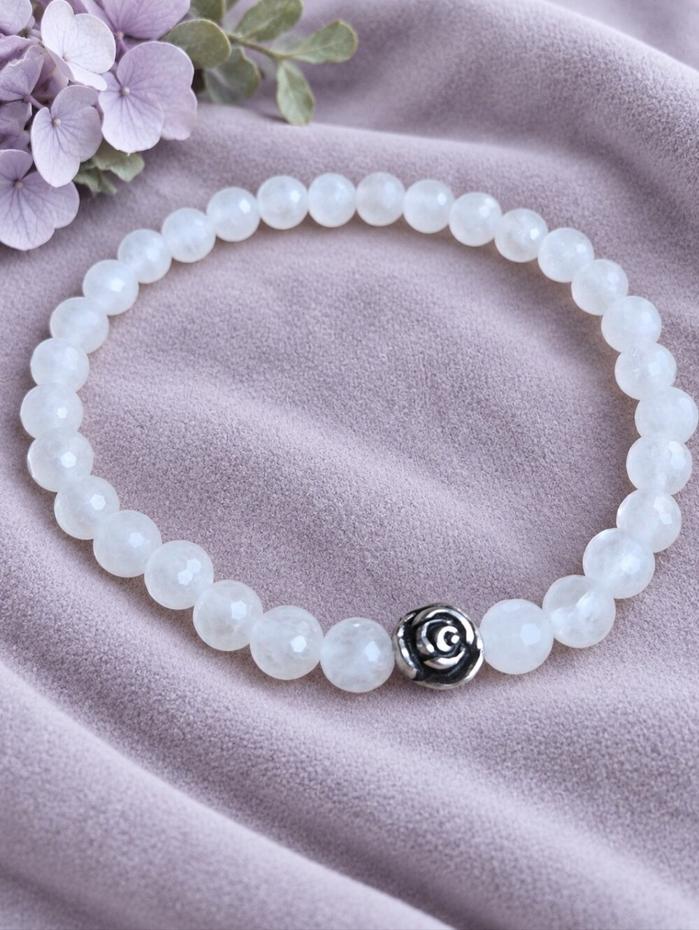 White Jade Beaded Stretch Bracelet | Handmade